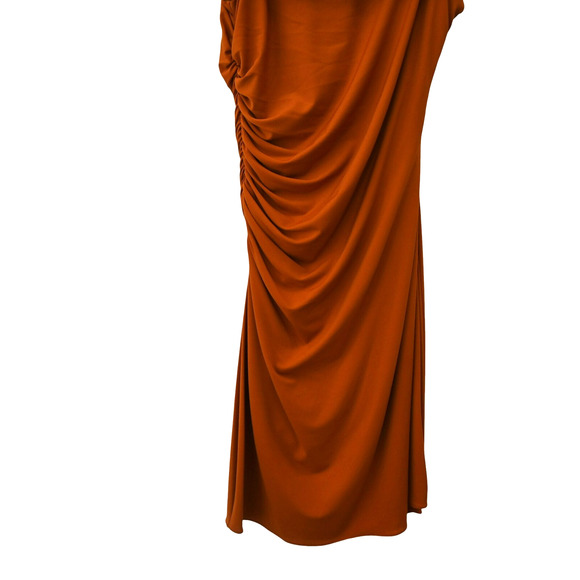 Halston Aliana Mini Dress Size 8 Orange Off the Shoulder Jersey Ruched Cocktail - Picture 3 of 7